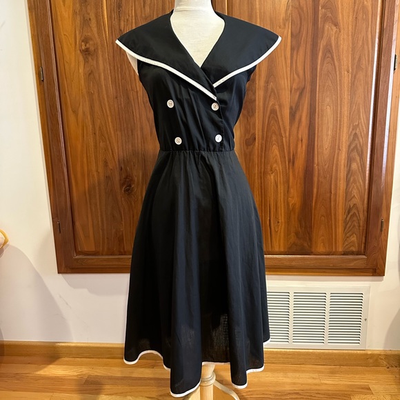 Vintage Dresses & Skirts - Vintage Nautical Sailor Dress Black & White Retro Fit & Flare Pin Up Style Small